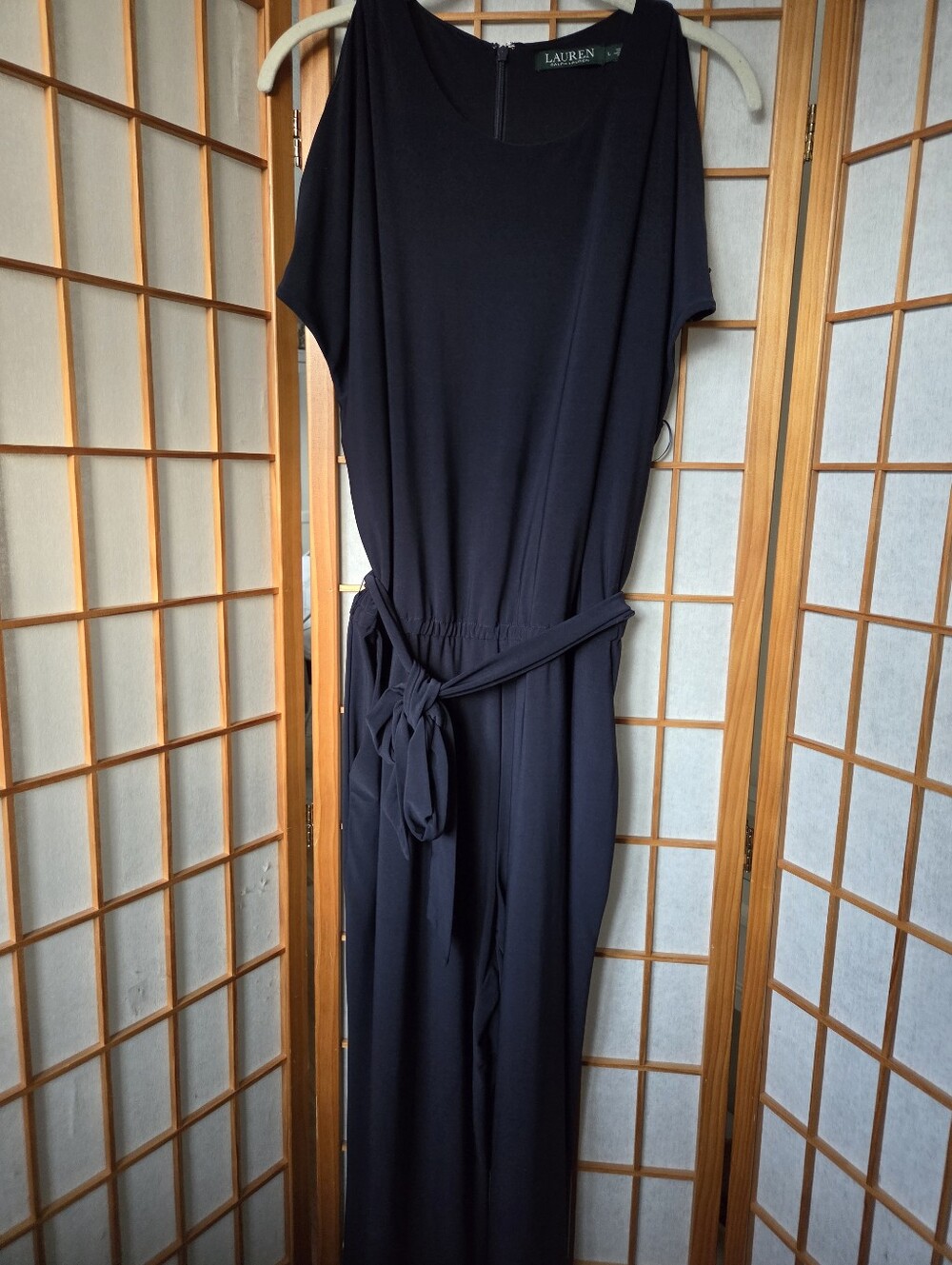 WOMENS RALPH LAUREN NAVY BLUE STRETCH JERSEY COLD SHOULDERS CROPPED JUMPSUIT L